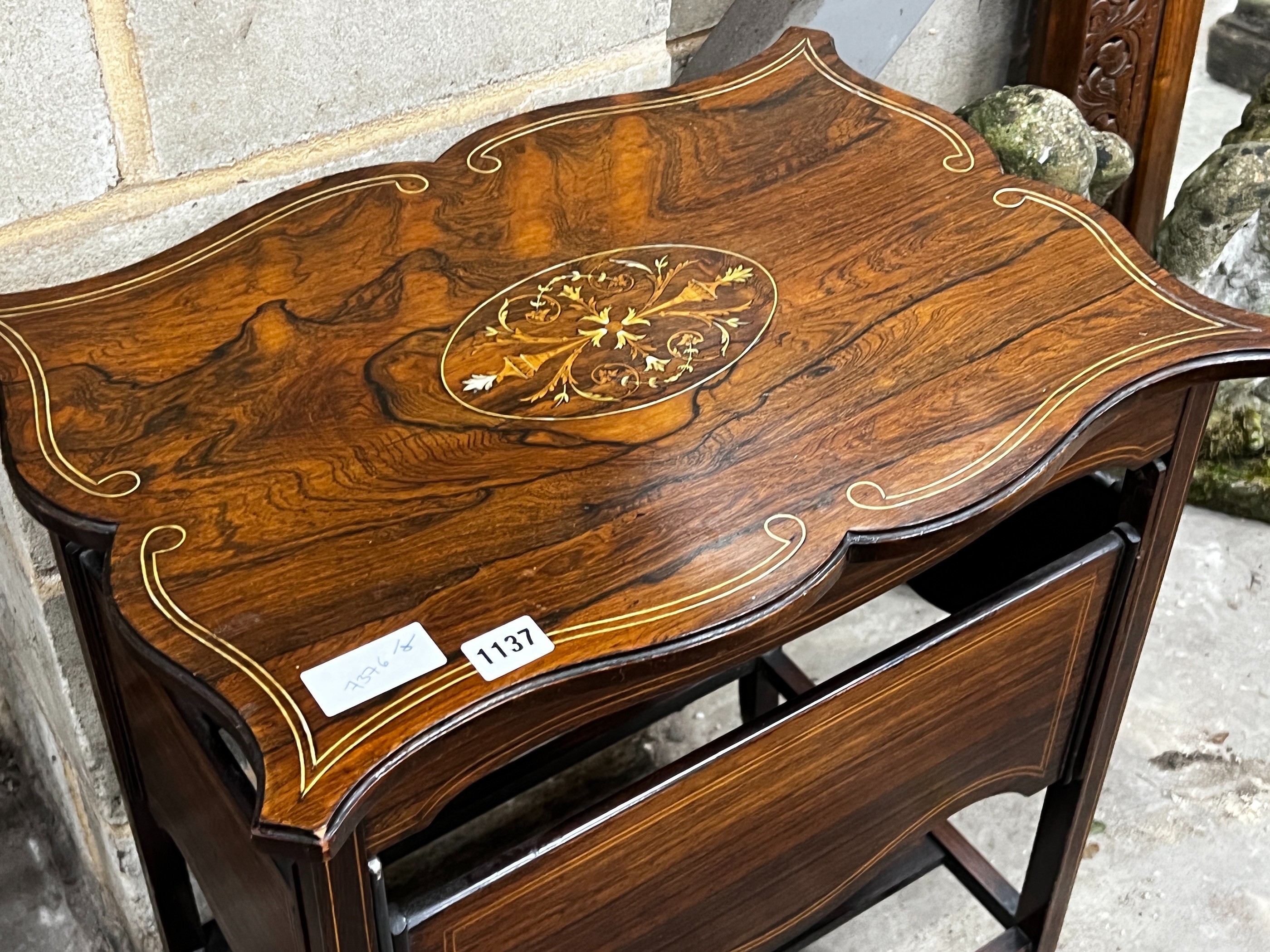 A late Victorian inlaid rosewood drop flap occasional table, width 55cm, depth 39cm, height 71cm